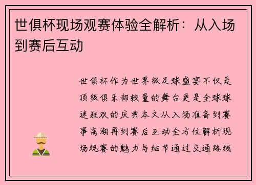 世俱杯现场观赛体验全解析：从入场到赛后互动