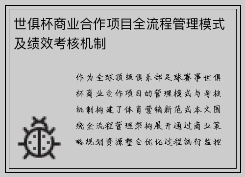 世俱杯商业合作项目全流程管理模式及绩效考核机制